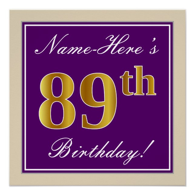 Poster Elégant, pourpre, Faux Gold 89e anniversaire + Nom (Devant)