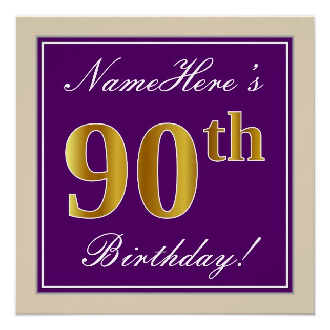Poster Elégant, pourpre, Faux Gold 90e anniversaire + Nom (Devant)