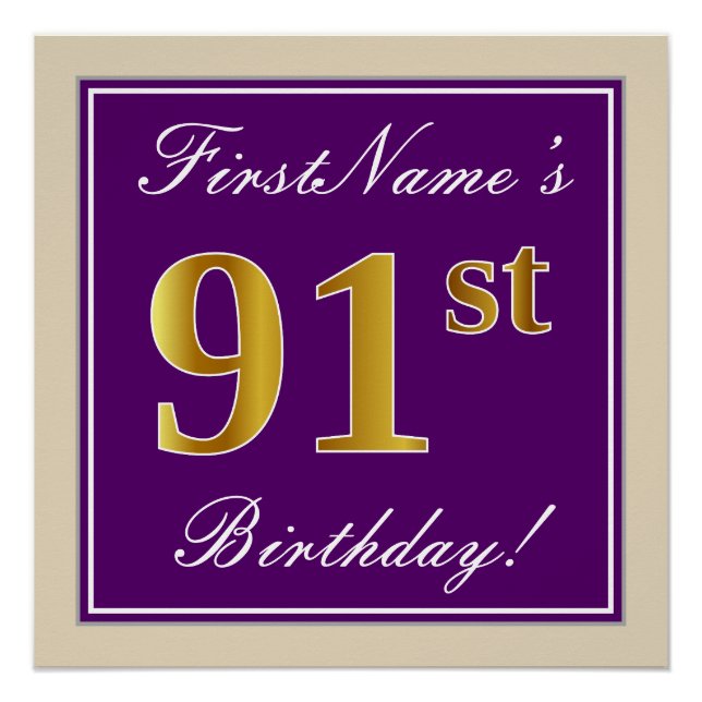 Poster Elégant, pourpre, Faux Gold 91ème anniversaire + N (Devant)