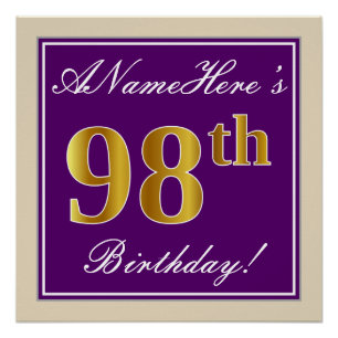 Poster Elégant, pourpre, Faux Gold 98ème anniversaire + N