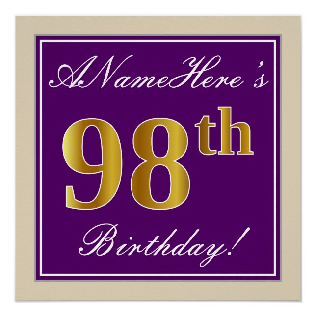Poster Elégant, pourpre, Faux Gold 98ème anniversaire + N (Devant)