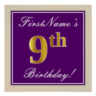 Poster Elégant, pourpre, Faux Gold 9e anniversaire + Nom