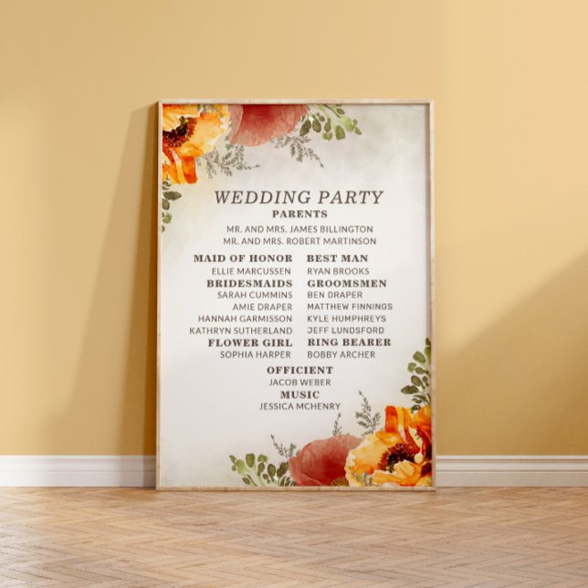 Poster Élégant programme de mariage floral orange brûlé (Créateur téléchargé)