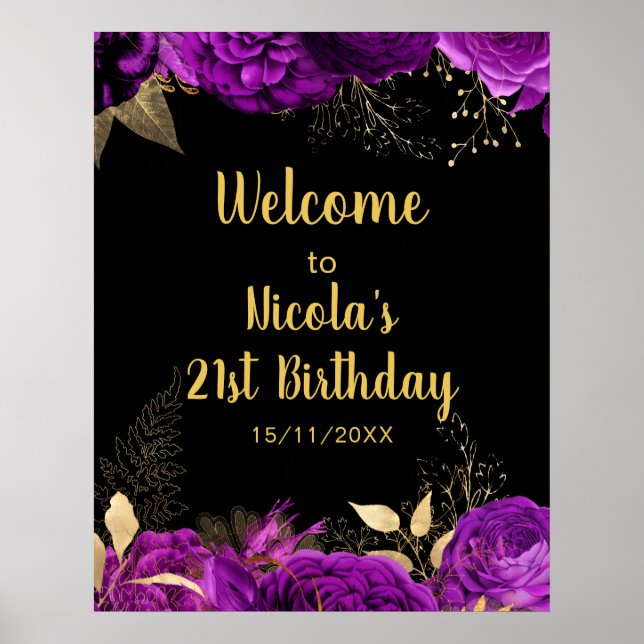 Poster Elegant Purple and Gold Flowers Birthday Party  (Devant)