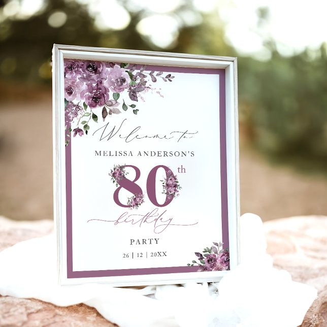 Poster Elegant Purple Floral 80th Birthday Welcome (Créateur téléchargé)