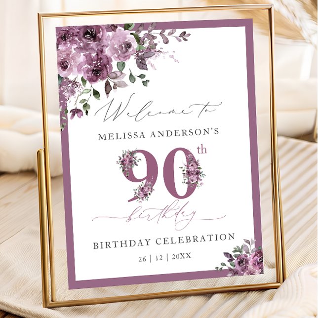 Poster Elegant Purple Floral 90th Birthday Welcome (Créateur téléchargé)