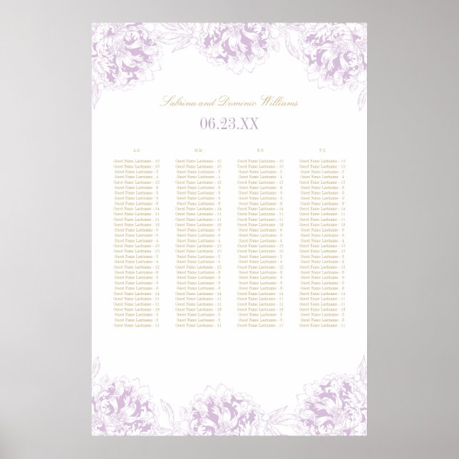 Poster Elégant Purple Gold Floral Peony Mariage Siège (Devant)