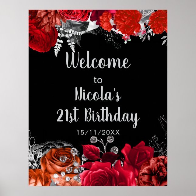 Poster Elegant Red and Silver Flowers Birthday Part  (Devant)