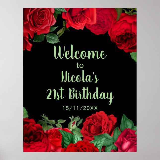 Poster Elegant Red Roses Flowers Birthday Party (Devant)