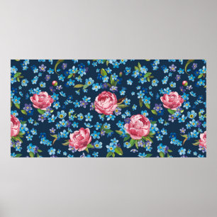 Poster Elégant rétro sans couture motif avec pivoines ros