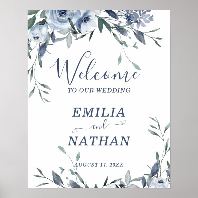 Poster Elégant Rose bleu Dusty avec verdure Bienvenue (Devant)