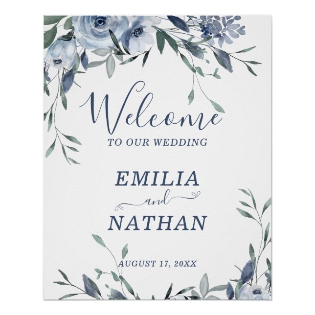 Poster Elégant Rose bleu Dusty avec verdure Bienvenue (Devant)