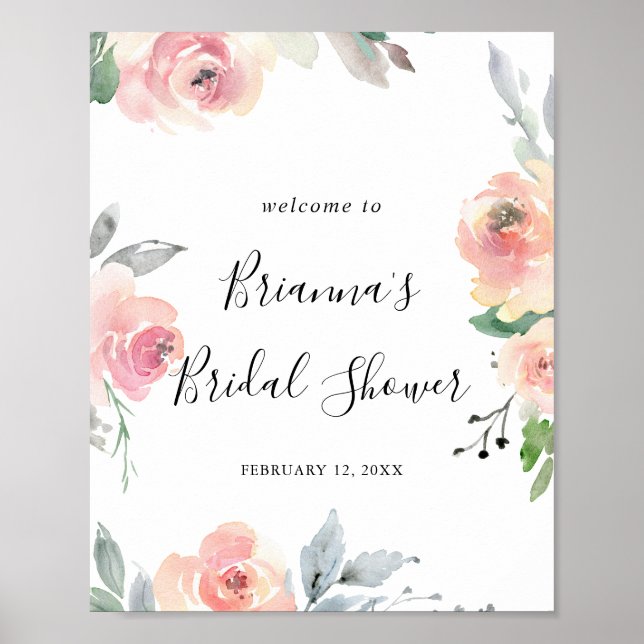 Poster Elégant rose Blush Fête des mariées Florale Bienve (Devant)
