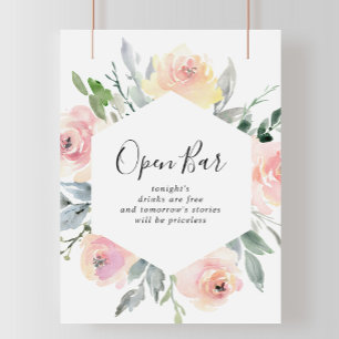 Poster Élégant rose Blush Floral Mariage Open Bar Sign