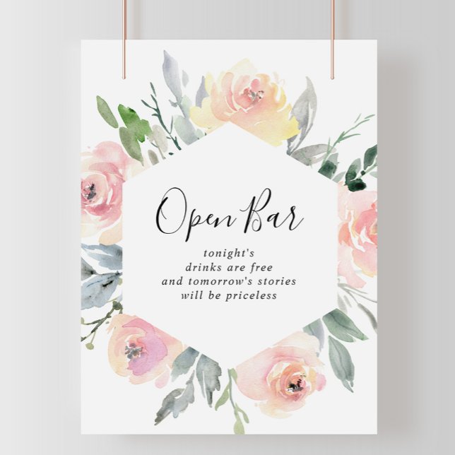 Poster Élégant rose Blush Floral Mariage Open Bar Sign (Créateur téléchargé)