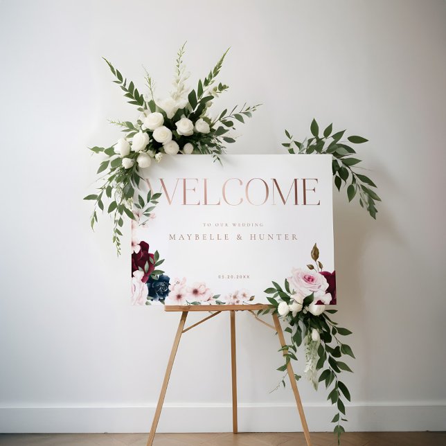 Poster Élégant Rose de bienvenue Gold Bourgogne & Navy Fl (Elegant Welcome Rose Gold Burgundy & Navy Florals Poster)