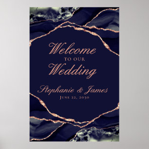 Poster Elégant Rose de la Marine Gold Foil Agate Mariage 