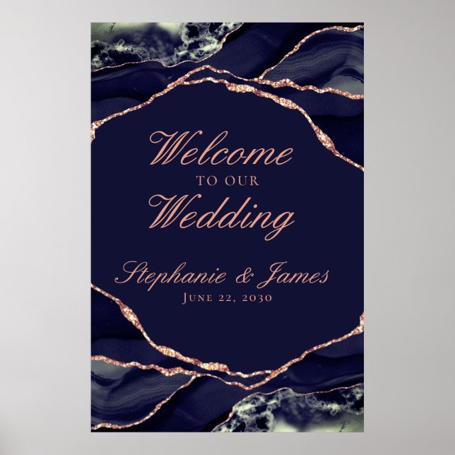 Poster Elégant Rose de la Marine Gold Foil Agate Mariage  (Devant)
