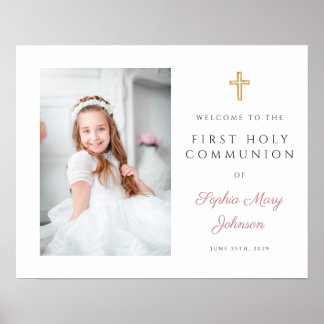 Poster Elégant rose fille photo Première communion Bienve