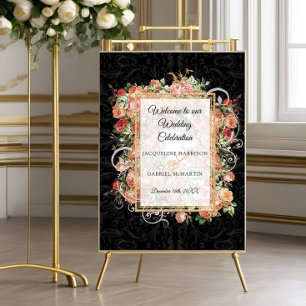 Poster Élégant Rose Floral Blush Black Welcome Mariage