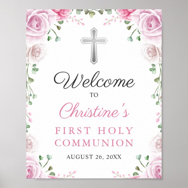 Poster Élégant rose Floral Première Communion Sainte Bien (Devant)
