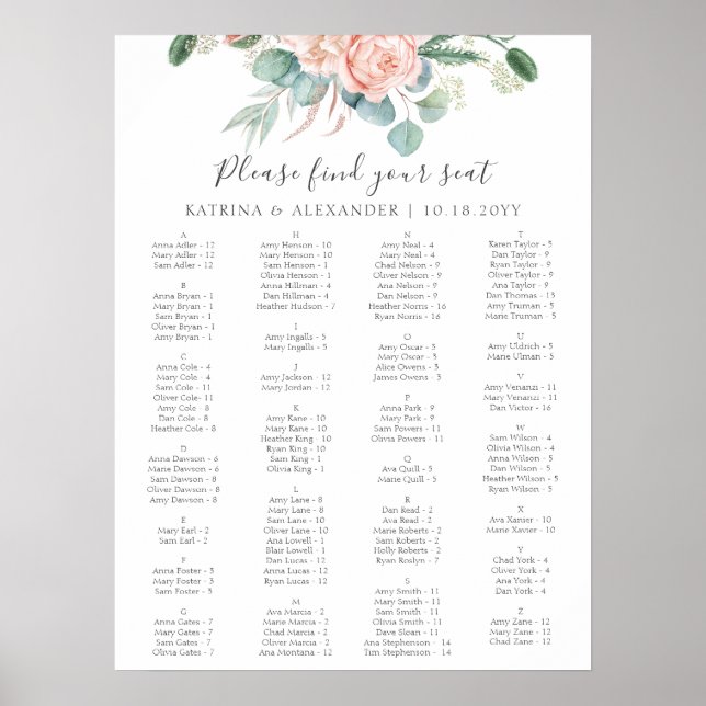 Poster Élégant rose floral simple Mariage carte de siège (Devant)