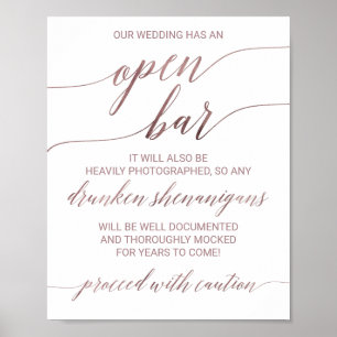 Poster Élégant Rose Gold Calligraphy Attention Open Bar