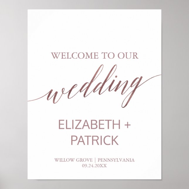Poster Élégant Rose Gold Calligraphy Mariage Bienvenue (Devant)