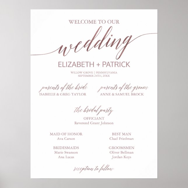 Poster Élégant Rose Gold Calligraphy Sm Wedding Programme (Devant)