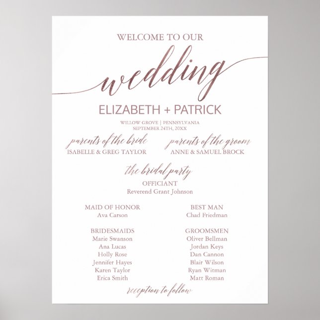 Poster Élégant Rose Gold Calligraphy Wedding Programme (Devant)