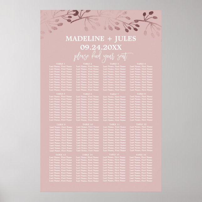 Poster Élégant Rose Gold et rose Mariage Seating Chart (Devant)
