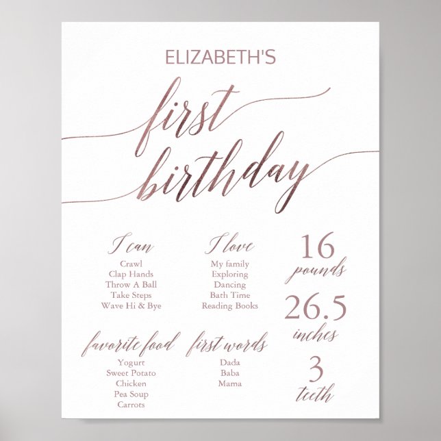 Poster Élégant Rose Gold First Birthday Milestone Sign (Devant)