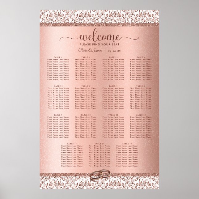 Poster Élégant Rose Gold Mariage damassé 15 Seating Chart (Devant)