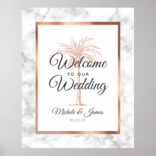 Poster Elégant Rose Gold Palm Tree Marbre Mariage Accueil
