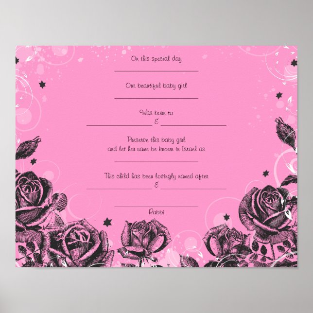 Poster Élégant Rose Juif Baby Naming certificat de naissa (Devant)