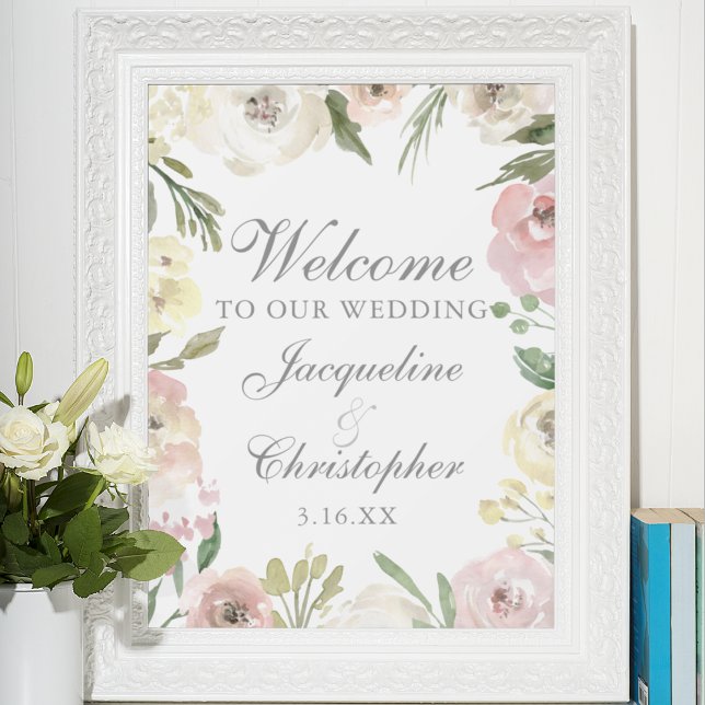 Poster Elégant rose rose floral Bienvenue à notre Mariage (Créateur téléchargé)