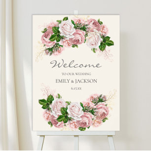 Poster Élégant rose rose Vintage Floral sur Mariage crème