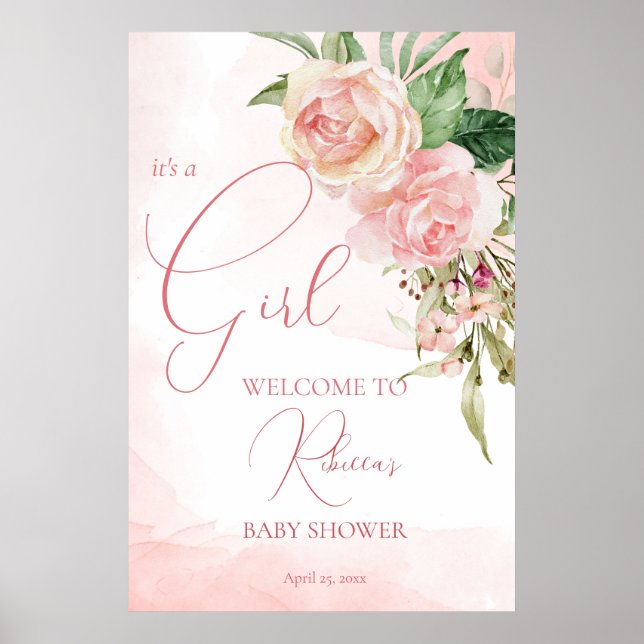 Poster Elégant rose rousse rose baby shower signe de bien (Devant)