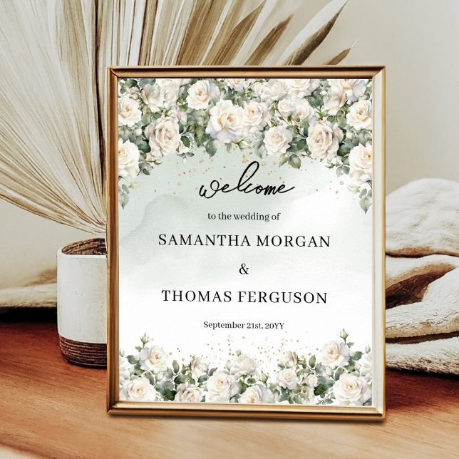 Poster Elégant Roses Blanches Verdure or mariage accueil (Romantic white roses Eucalyptus Greenery and Gold wedding welcome sign poster)