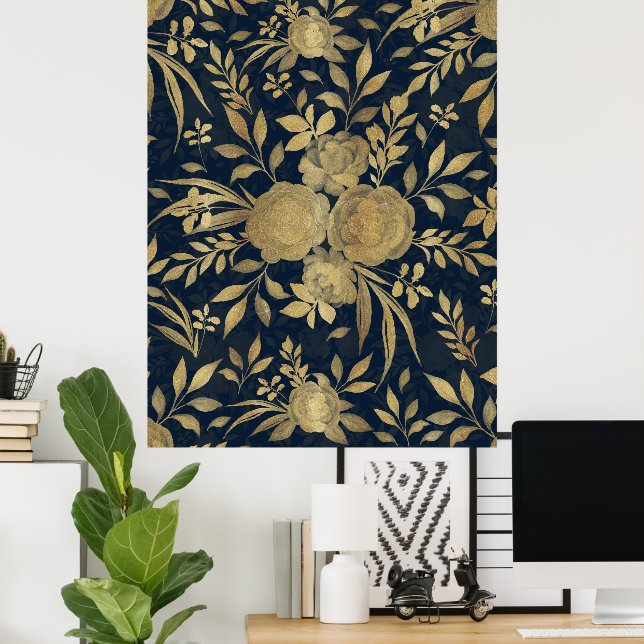 Poster Elégant Roses d'or Floral Marine-Blue Design (Bureau à domicile)