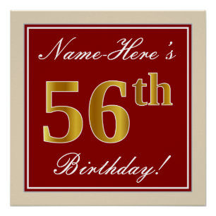 Poster Élégant, Rouge, Doré Faux Anniversaire 56 ans; Nom