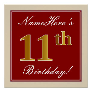 Poster Elégant, Rouge, Faux Gold 11e anniversaire; Nom pe