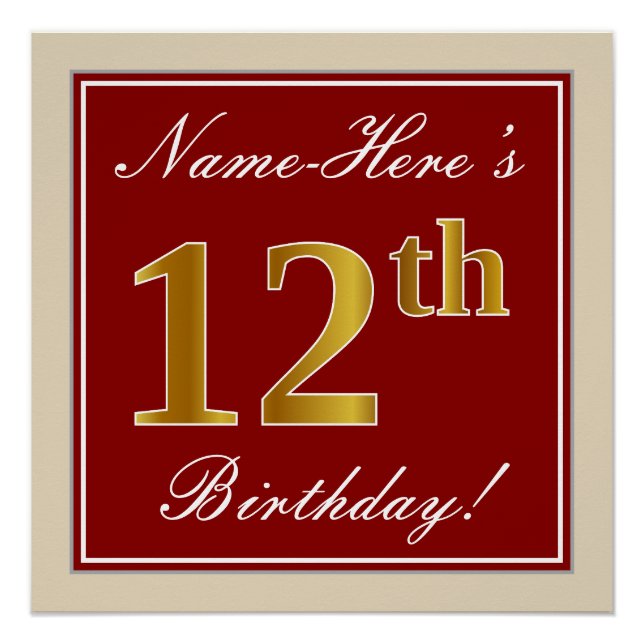 Poster Elégant, Rouge, Faux Gold 12e anniversaire; Nom pe (Devant)