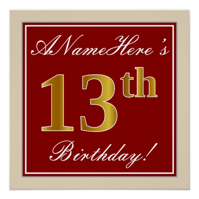 Poster Elégant, Rouge, Faux Gold 13e anniversaire; Nom pe (Devant)