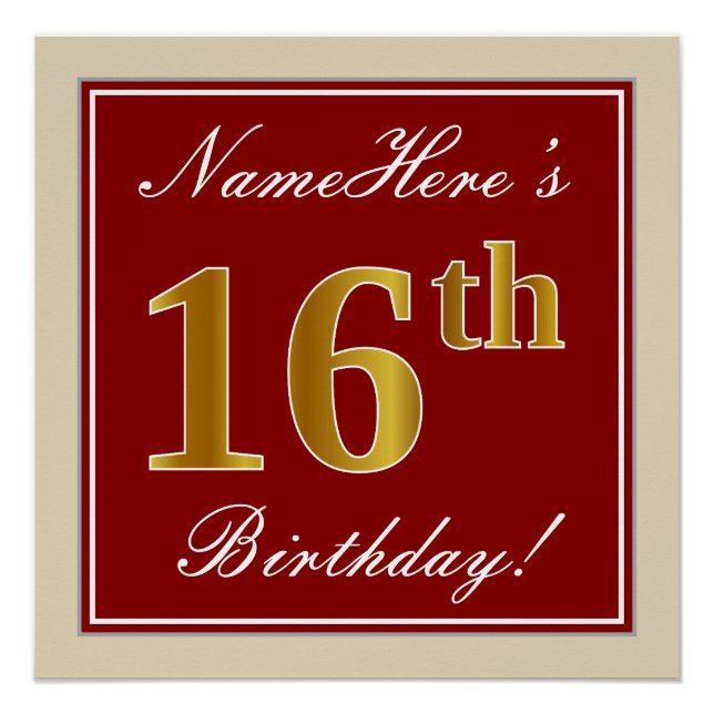 Poster Elégant, Rouge, Faux Gold 16e anniversaire; Nom pe (Devant)