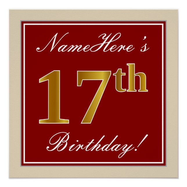 Poster Elégant, Rouge, Faux Gold 17e anniversaire; Nom pe (Devant)
