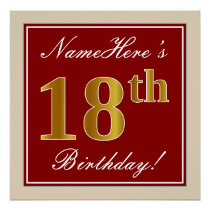 Poster Elégant, Rouge, Faux Gold 18e anniversaire; Nom pe