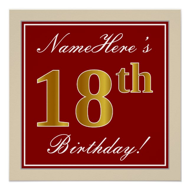 Poster Elégant, Rouge, Faux Gold 18e anniversaire; Nom pe (Devant)