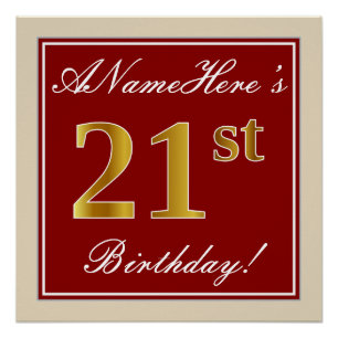 Poster Elégant, Rouge, Faux Gold 21e anniversaire; Nom pe