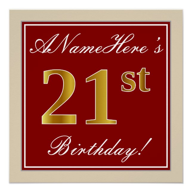 Poster Elégant, Rouge, Faux Gold 21e anniversaire; Nom pe (Devant)